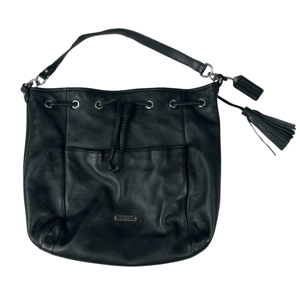 Coach Avery Pebbled Leather Hobo Bag Bucket Drawstring Black Teal Silver - Picture 2 of 16